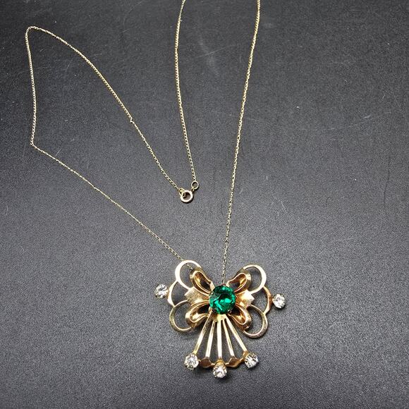 Van Dell 12K Gold Filled Necklace Earrings Set Green Rhinestone Vintage Jewelry - Picture 3 of 10